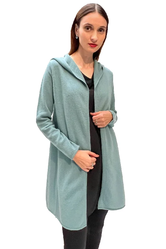 Long Cashmere Hooded Cardigan in Green duck egg Plaid Cardigan Polka Dot Checkered