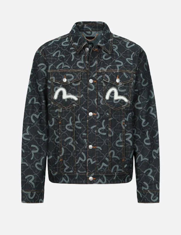 Allover Seagull and Kamon Jacquard Relax Fit Denim Jacket Nylon Jacket Polyester Jacket Spandex Jacket