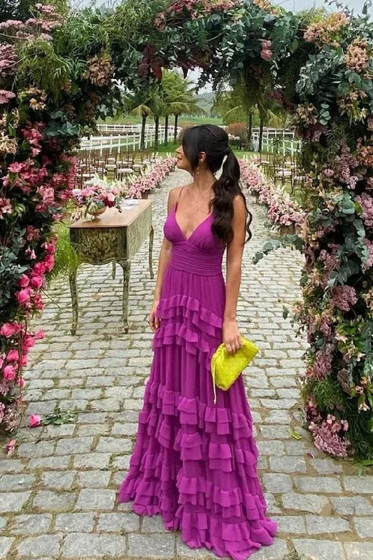 Purple Spaghetti Straps A-Line Layers Long Formal Party Dress, DP3537 Tunics Long Elegant Purple Spaghetti Straps A-Line Layers Long Formal Party Dress, DP3537 Tunics Long Elegant