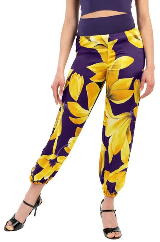 Yellow Floral Gathered Tango Pants Trendy Work Pants