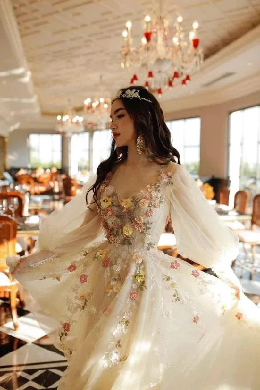Light Champage A Line Tulle Long Prom Dress With Flowers Pruffy Sleeves Party Dress OK1890 Tunics Review highly Light Champage A Line Tulle Long Prom Dress With Flowers Pruffy Sleeves Party Dress OK1890 Tunics Review highly