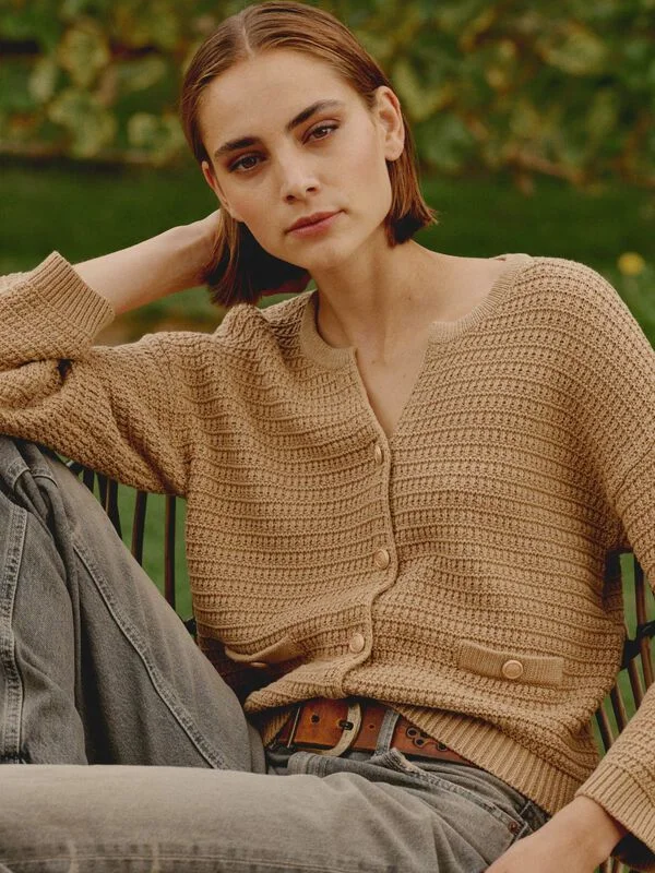Gold Textured Cardigan Ribbed Striped Patterned