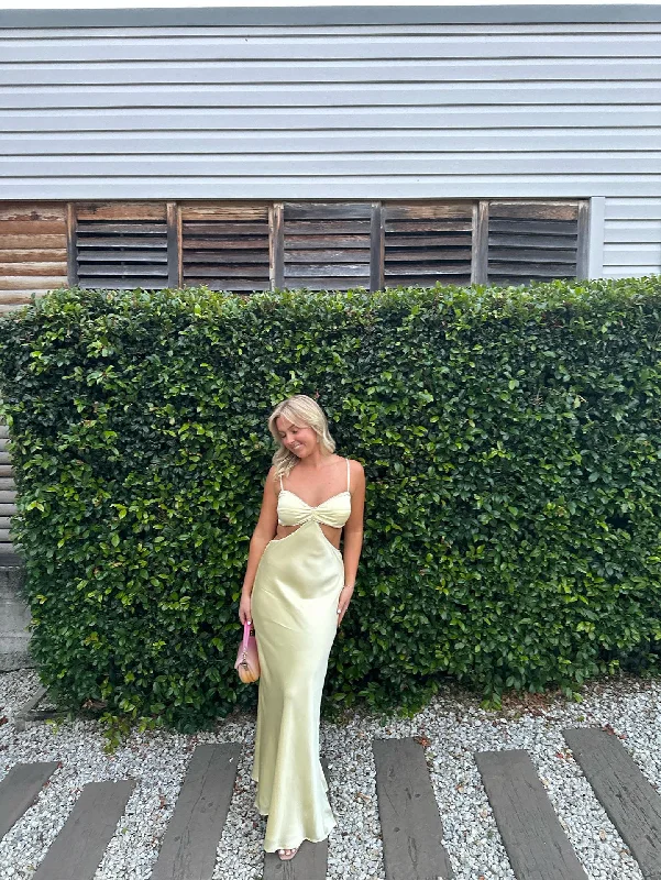 Light Yellow Backless Satin Party Dress Wedding Guest Dress, DP2492 Tunics Luxurious premium