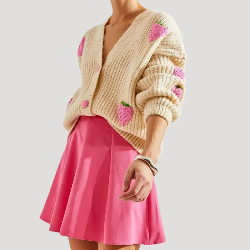 Chunky knit cardigan with strawberry details Lace Blend Ribbed Blend Corduroy Blend