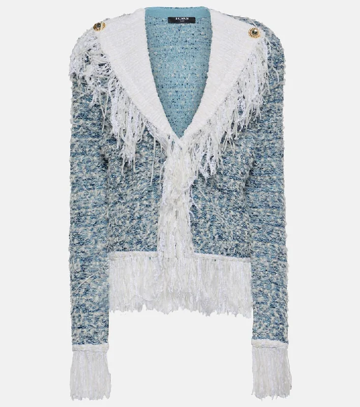 Balmain Fringed denim tweed jacket Satin Jacket Silk Jacket Chiffon Jacket