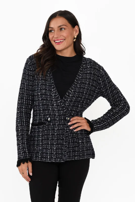 Beverly Navy Check Knit Blazer Cardigan Tailored Straight A-Line
