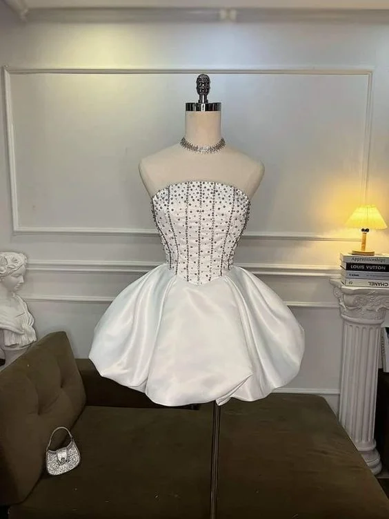 White Strapless A-Line Satin Beading Lovely Short Party Dress, DP2723 Satin Halter Glamorous White Strapless A-Line Satin Beading Lovely Short Party Dress, DP2723 Satin Halter Glamorous
