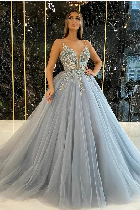 Dusty Blue Ball Gown Prom Dress Long Spaghetti Straps Tulle Crystals Beaded Formal Party Dress OKV97 Tunics Seasonal trendy Dusty Blue Ball Gown Prom Dress Long Spaghetti Straps Tulle Crystals Beaded Formal Party Dress OKV97 Tunics Seasonal trendy