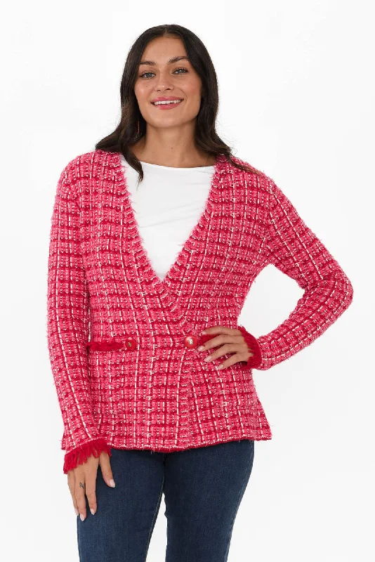 Beverly Pink Check Knit Blazer Cardigan Velvet Chenille Corduroy
