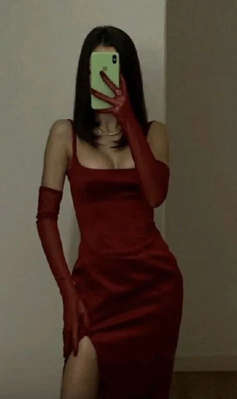 Charming Red Straps Square Neck Satin Party Dress, DP2713 Peplum Ruffle Cocktail