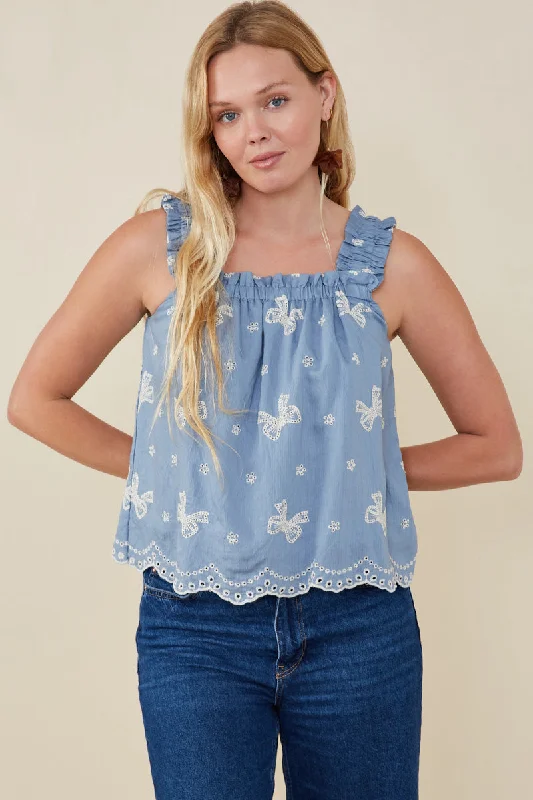 Girls Elastic Shoulder Embroidered Bow Tank teal tank top
