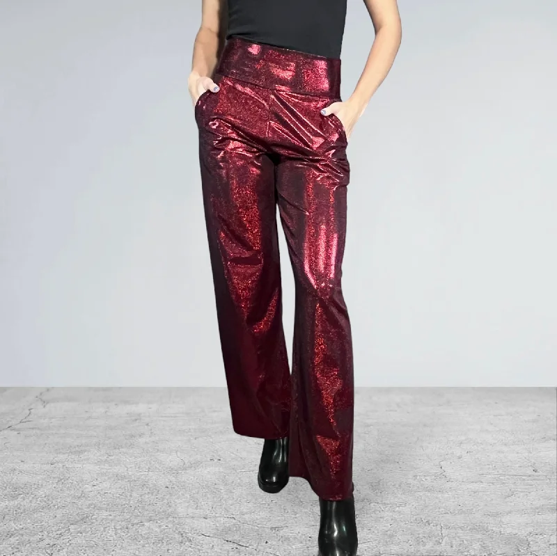 Dark Red Burgundy Sparkle Straight Wide Leg Relaxed Fit Pants - Optional Pockets Soft Stretch Trousers