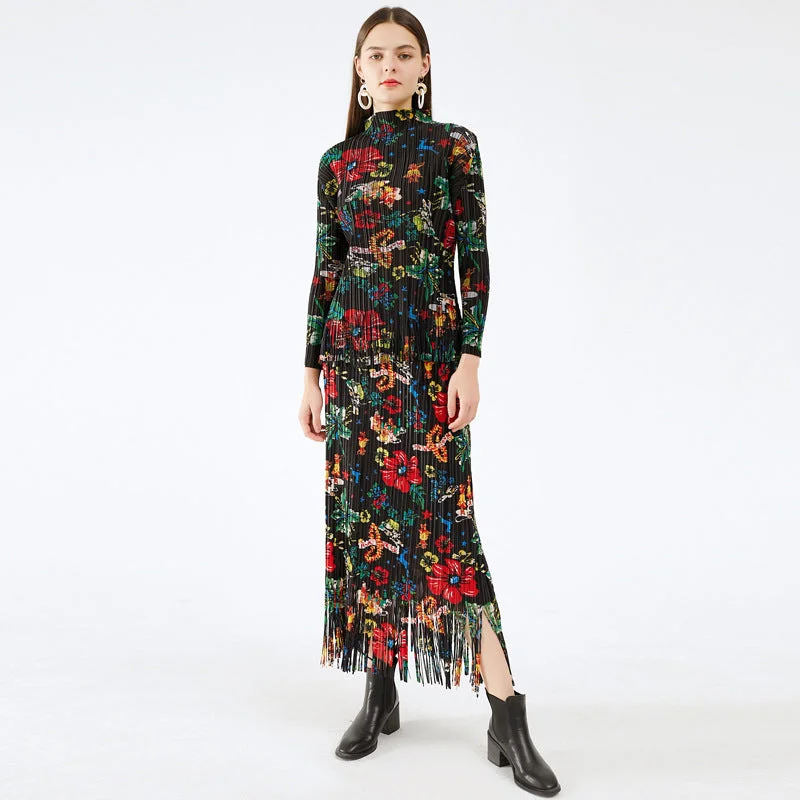 Miyake Pleated Floral Fringe Hem Top and Skirt Set leather skirt sleek