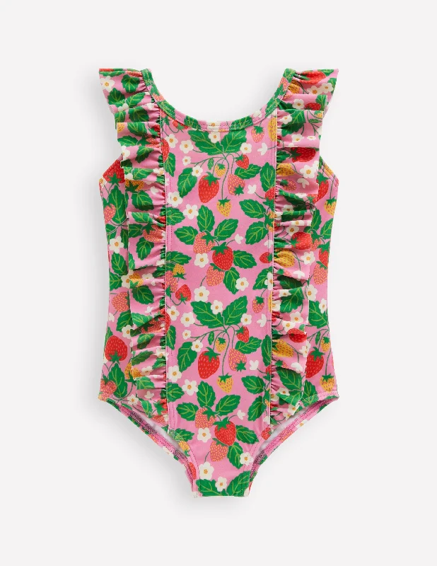 Frilly Swimsuit-Pink Strawberry Patch Mesh Swimsuit Top