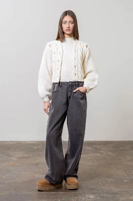 puff sleeve cable cardigan Welt Pockets Slit Pockets Flap Pockets