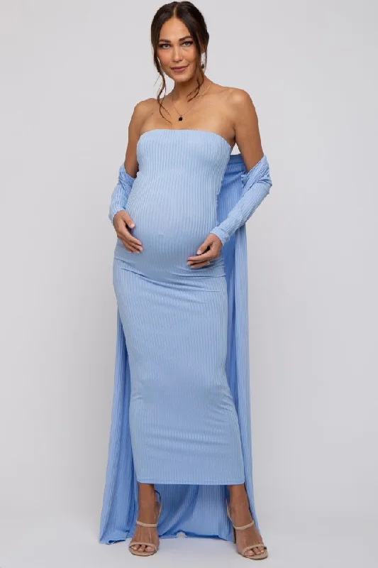 Light Blue Ribbed Sleeveless Dress Cardigan Maternity Set Fitted Slim Tailored