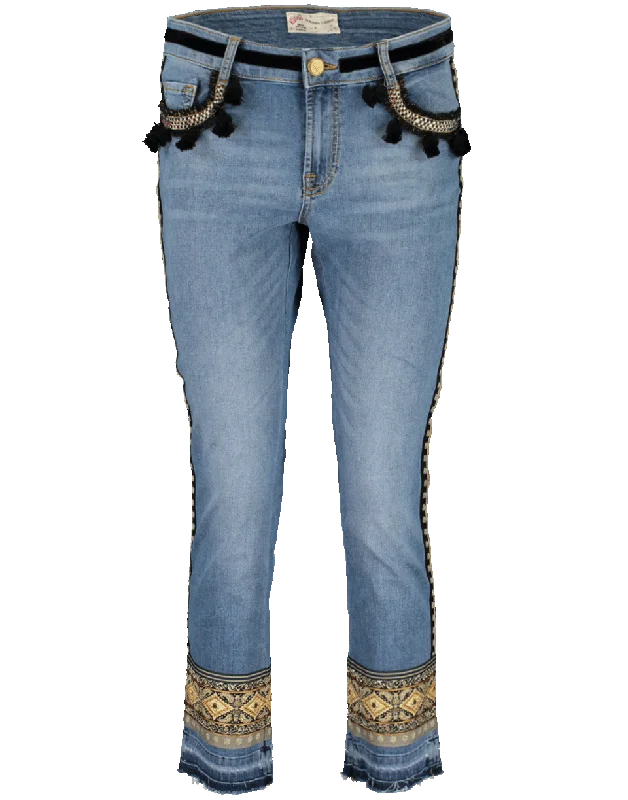 Ribbon Trim Tassel Denim Pant Casual Wide Pants