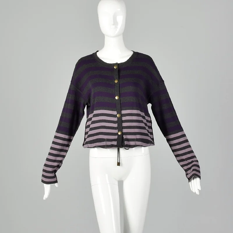 Small Sonia Rykiel 1990s Purple and Gray Striped Cardigan Sweater Satin Blend Silk Blend Wool Blend