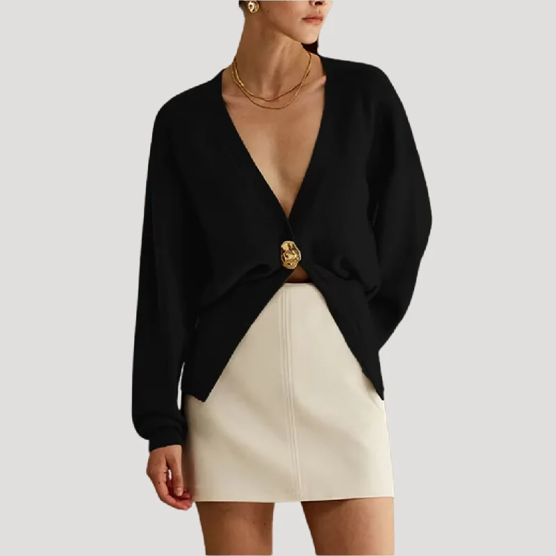 Black deep v-neck buttoned cardigan Layered Multi-layer Single Layer