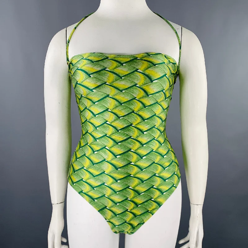 HERMES Size 10 Green Yellow Nylon Blend Woven Halter Swimsuit Classic Monokini Design HERMES Size 10 Green Yellow Nylon Blend Woven Halter Swimsuit Classic Monokini Design
