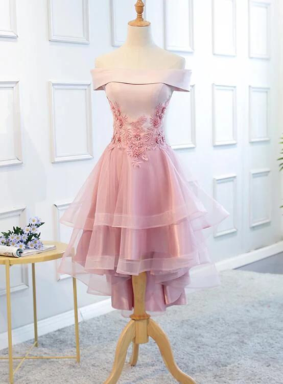 Lovely Off Shoulder Tulle Pink Layers Homecoming Dress, High Low Party Dress c2692 Tunics Designer luxury