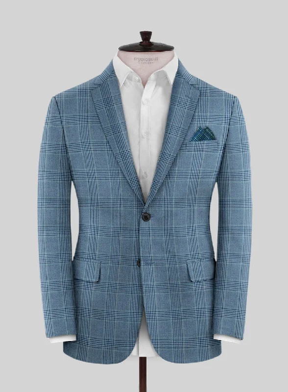 Reda Pacific Blue Checks Wool Jacket Satin Jacket Silk Jacket Chiffon Jacket