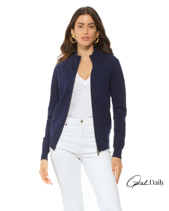Oprah Daily - Women's Cashmere Zip Cardigan Blue Fleece Fabric Down Fabric Feather Fabric