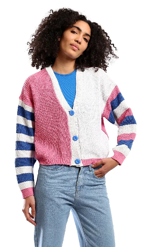 O173661 Knitted Short Cardigan With Striped Sleeves - Navy Blue & Pink Chenille Blend Fleece Blend Nylon Blend