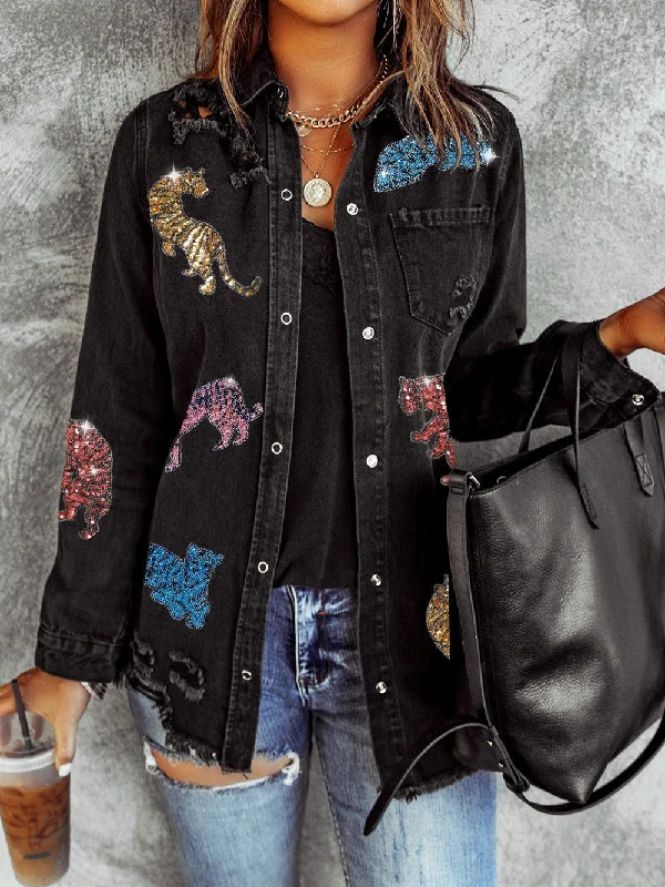 Black Denim Shirt Jacket with Tiger Applique Lace Jacket Ribbed Jacket Sequined Jacket