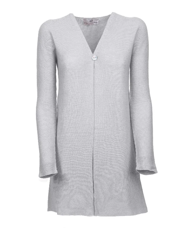 Women's Cashmere Links Stitch Duster Cardigan Light Gray Glossy Satin Silk