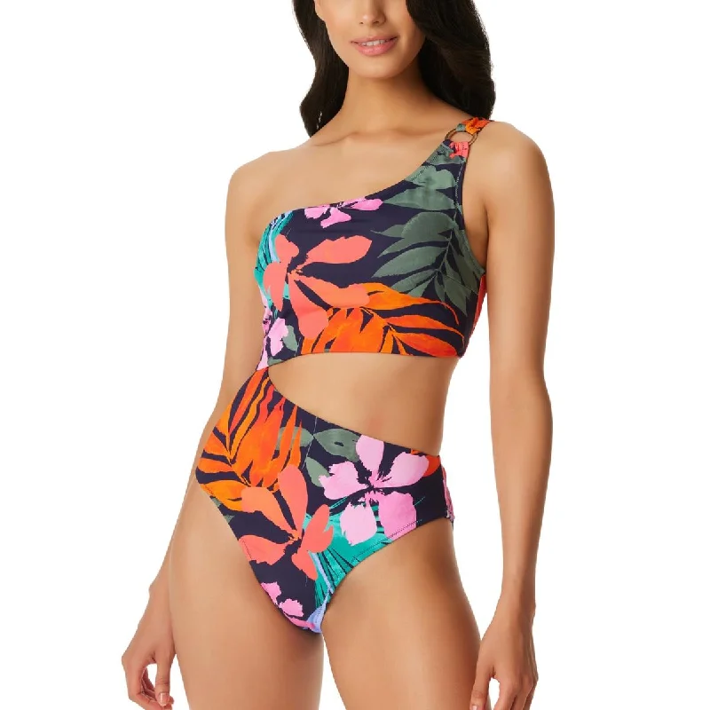 Jessica Simpson Womens Floral Lined One-Piece Swimsuit Color-Block Bikini