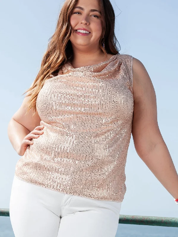 Apricot Plus Size Drape Front Sequined Tank Top sexy tank top