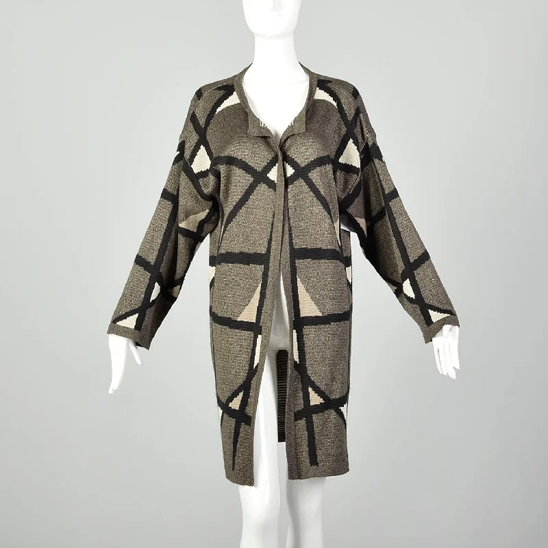 Rodier Geometric Knit Long Black Cardigan Sweater Front Pockets Side Pockets Patch Pockets Rodier Geometric Knit Long Black Cardigan Sweater Front Pockets Side Pockets Patch Pockets