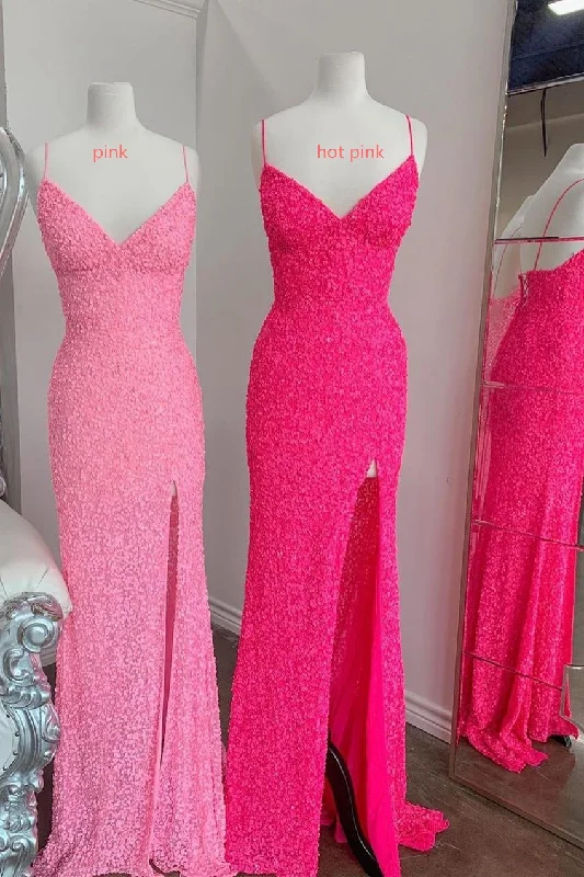 Flattering Mermaid Hot Pink Sequins Long Prom Party Dress With Slit OK1309 Tunics Practical easy-care Flattering Mermaid Hot Pink Sequins Long Prom Party Dress With Slit OK1309 Tunics Practical easy-care