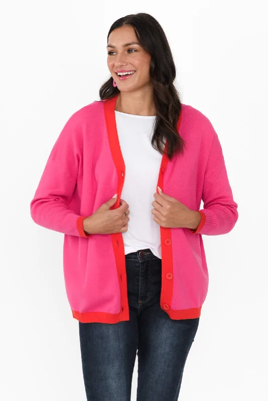 Hampton Pink Contrast Cardigan Mesh Fabric Canvas Fabric Denim Fabric