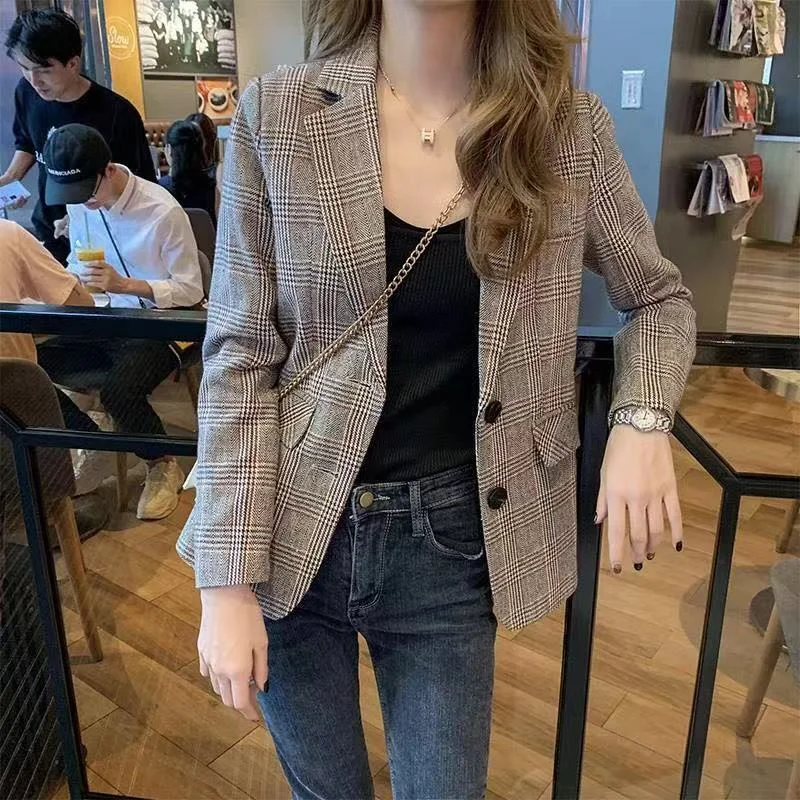Chic Plaid Blazer Student Casual Office Blazer Korean Simple All-Match Jacket Temperament Coats Spring Autumn Thin Suit Insulated Jacket Fitted Jacket Loose Jacket