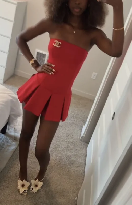 Charming Red Strapless Pleated Black Girl Short Party Dress, DP2782 Tunics Top Casual Charming Red Strapless Pleated Black Girl Short Party Dress, DP2782 Tunics Top Casual