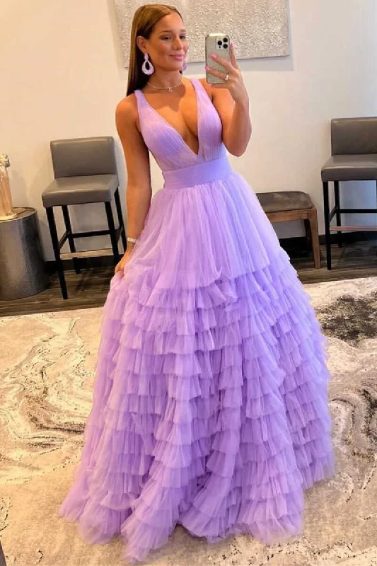 Multi-Tiered Lavender Plunge Neck A-Line Long Prom Dress Evening Party Dress OK1531 Bodycon Fitted Nightout Multi-Tiered Lavender Plunge Neck A-Line Long Prom Dress Evening Party Dress OK1531 Bodycon Fitted Nightout