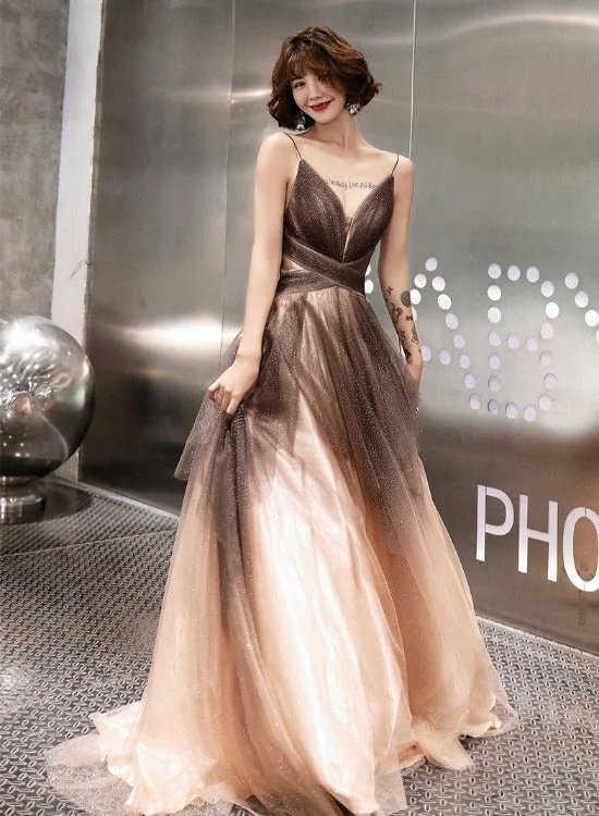 Unique Tulle V-neckline Straps A-line Gradient Party Dress, Tulle Long Evening Dress Prom Dress Tunics Seasonal trendy Unique Tulle V-neckline Straps A-line Gradient Party Dress, Tulle Long Evening Dress Prom Dress Tunics Seasonal trendy