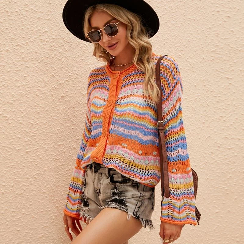 Elegant Versatile Top Long Sleeve Rainbow Striped Sweater Loose Round Neck Hollow Out Cardigan Faux Fur Fabric Real Fur Fabric Shearling Fabric
