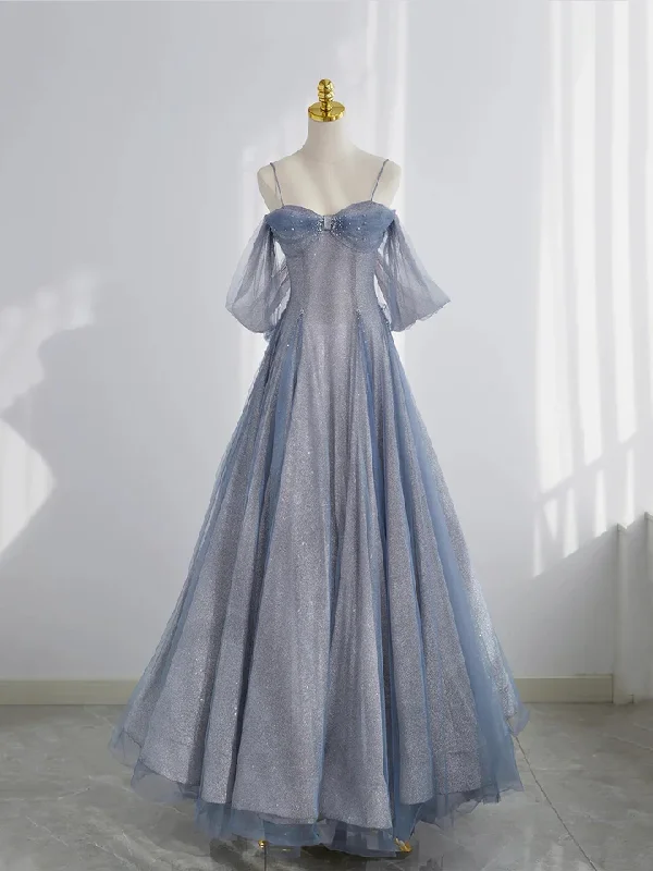 Blue Tulle A-Line Straps Off Shoulder Formal Evening Party Dress, DP2480 High-Low Hemline Casual Blue Tulle A-Line Straps Off Shoulder Formal Evening Party Dress, DP2480 High-Low Hemline Casual