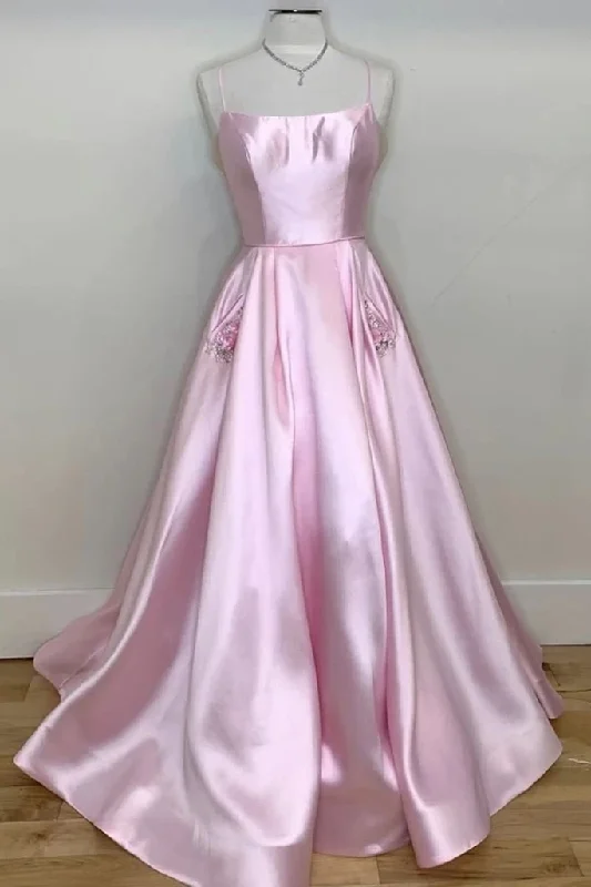 A-line Spaghetti Straps Pink Satin Long Prom Dress With Pockts Simple Evening Party Dress OKS93 Tunics Sophisticated sleek A-line Spaghetti Straps Pink Satin Long Prom Dress With Pockts Simple Evening Party Dress OKS93 Tunics Sophisticated sleek