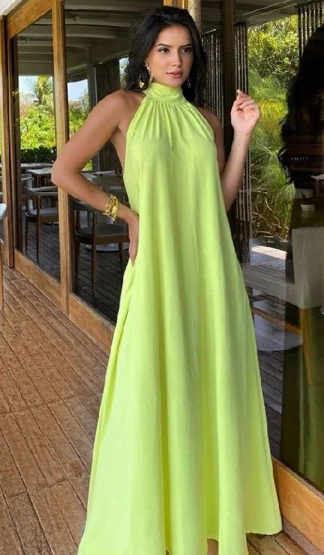 Green Halter A-Line Long Party Dress Unique Wedding Guest Dress, DP3464 Tunics Party sparkling