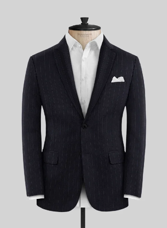 Reda Flexo Dark Blue Stripe Wool Jacket Boat Neck Shawl Collar Notched Collar