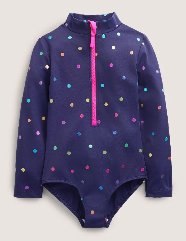 Long-Sleeved Swimsuit-Navy Rainbow Confetti Spot Halter Top Bikini