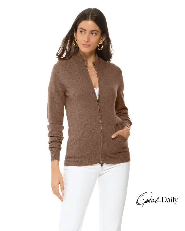 Oprah Daily - Women's Cashmere Zip Cardigan Brown Nylon Fabric Polyester Fabric Spandex Fabric