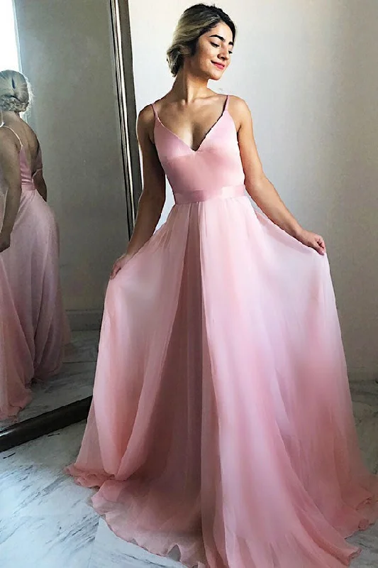 Flowing A-Line V-Neck Backless Pink Chiffon Long Prom Party Dresses OKF28 Glittery Long Formal Flowing A-Line V-Neck Backless Pink Chiffon Long Prom Party Dresses OKF28 Glittery Long Formal