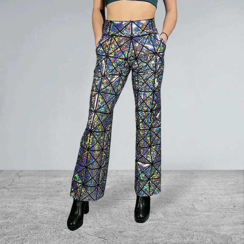 Silver on Black Glass Pane Holographic Straight Wide Leg Relaxed Fit Pants Casual Drawstring Pants