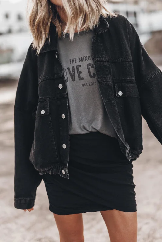 Black Metal Buttons Flap Pocket Drop Shoulder Denim Jacket Boat Neck Shawl Collar Notched Collar