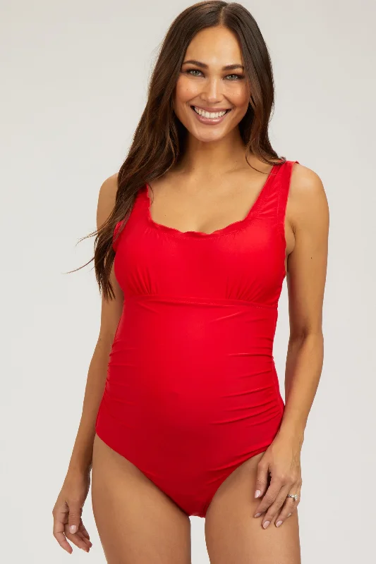 Red Ruched Scalloped Maternity One Piece Swimsuit Ruffled Swimsuit Top